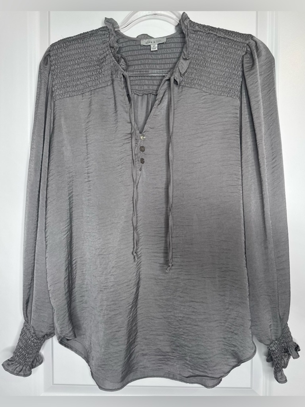Alex & lili long sleeve Smocked Yoke high tie neck detail ruffles business casua